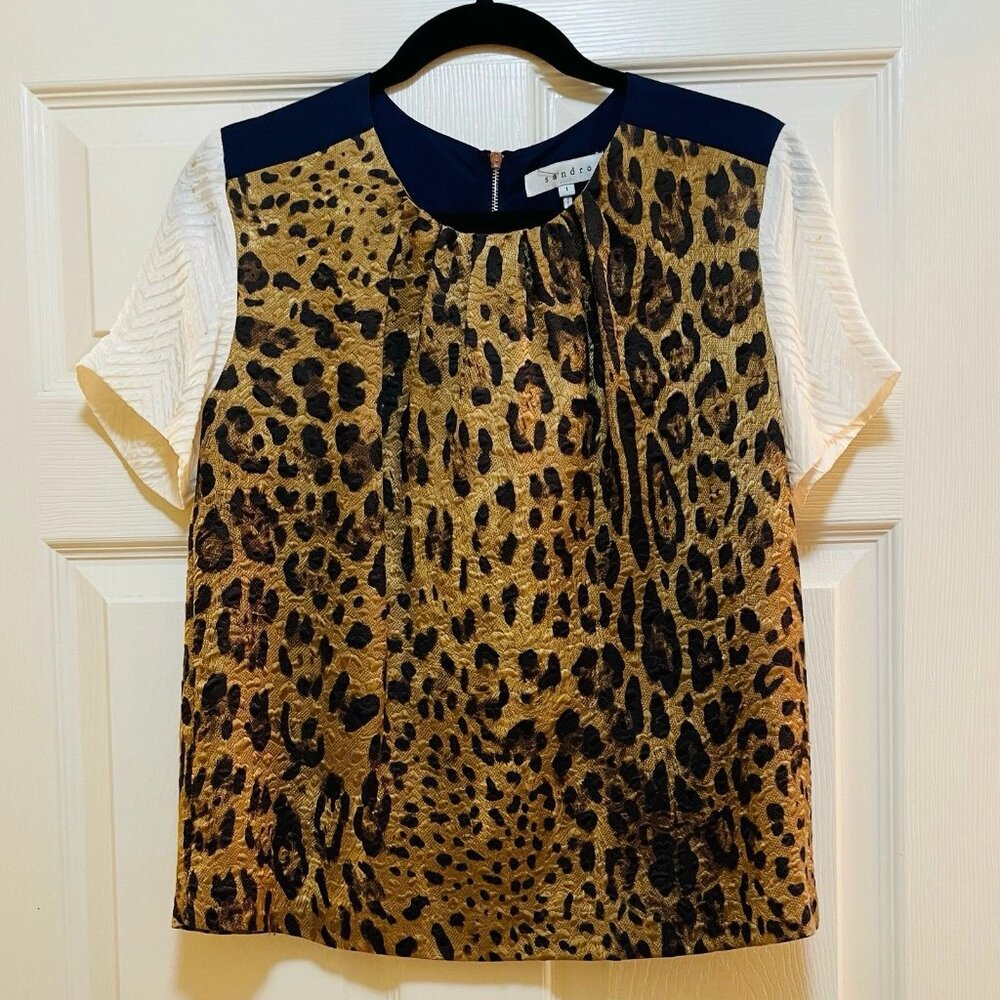 SANDRO Silk/Wool Leopard Print Short Sleeve Shirt Sz 1 (US 6 or S)